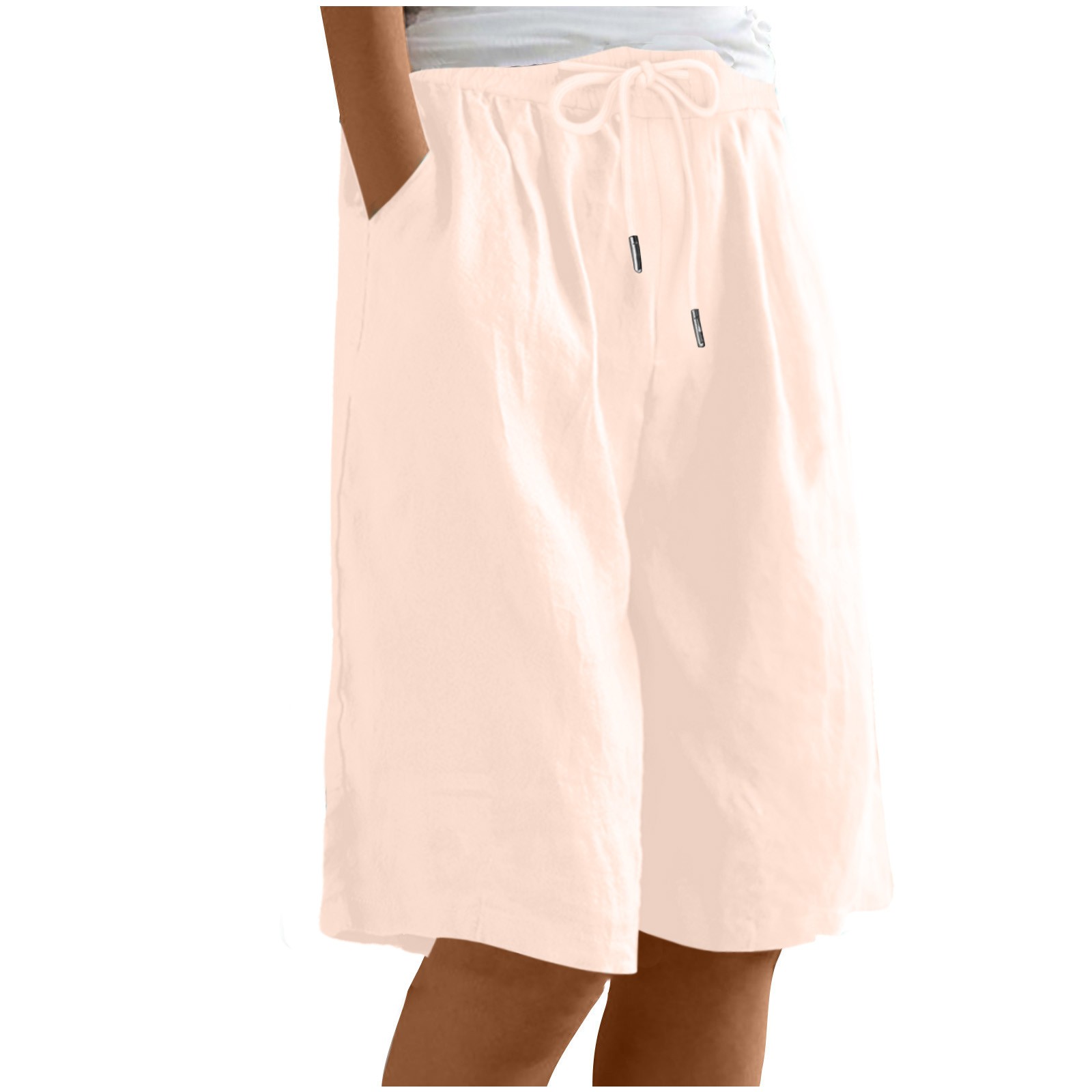 Women Linen Bermuda Shorts High Waisted Wide Leg Summer Casual Knee Length Shorts with Pockets